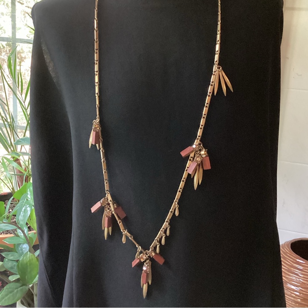 Vtg J. Crew Long Fringe Gold Brown Crystal Necklace 33” Rare